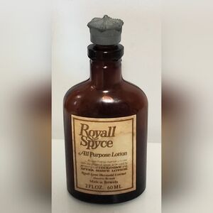 Vintage Royal‎ Spyce All Purpose Lotion Bottle 2 Oz Amber Glass Metal Cap